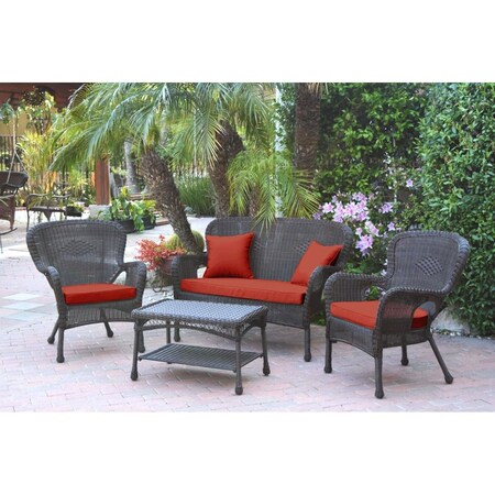 Jeco 4 Piece Windsor Espresso Wicker Conversation Set, Red Cushion W00215-G-FS018